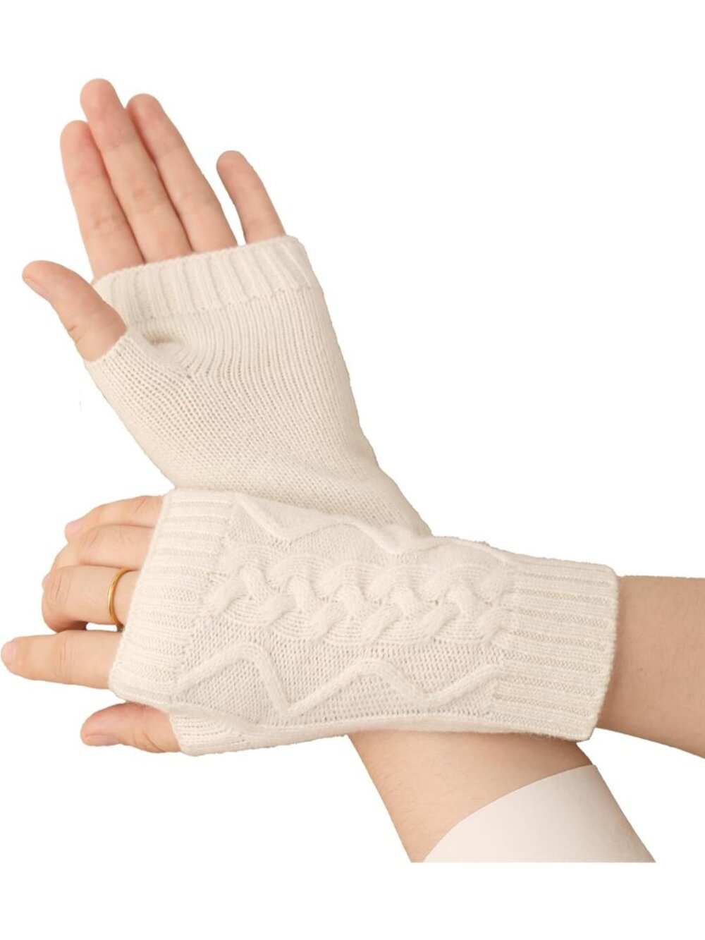 Women White 100% Cashmer Knitted Mitten Winter Warm Soft Gloves with Gift Box